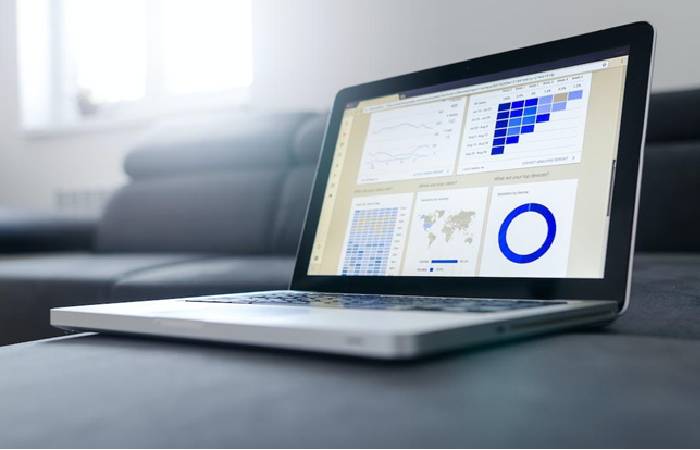 Data visualizations are displayed on a laptop screen for future analysis